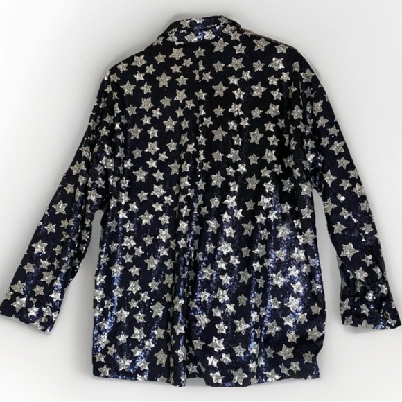 ZARA Blue Silver Star Sequin Shirt Jacket Sz M Bowie Ziggy Festival Oversized - Picture 2 of 10